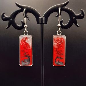 Red and Silver Rectangular Earrings